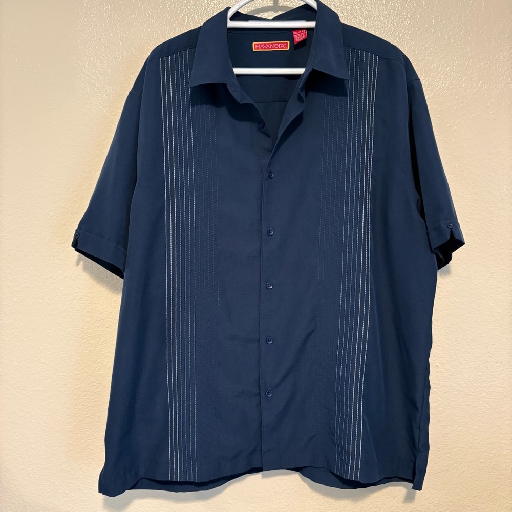 Vtg Havanera Co. Dark Blue Short Sleeve Dobby Stripe Camp Shirt Bowling XXL
